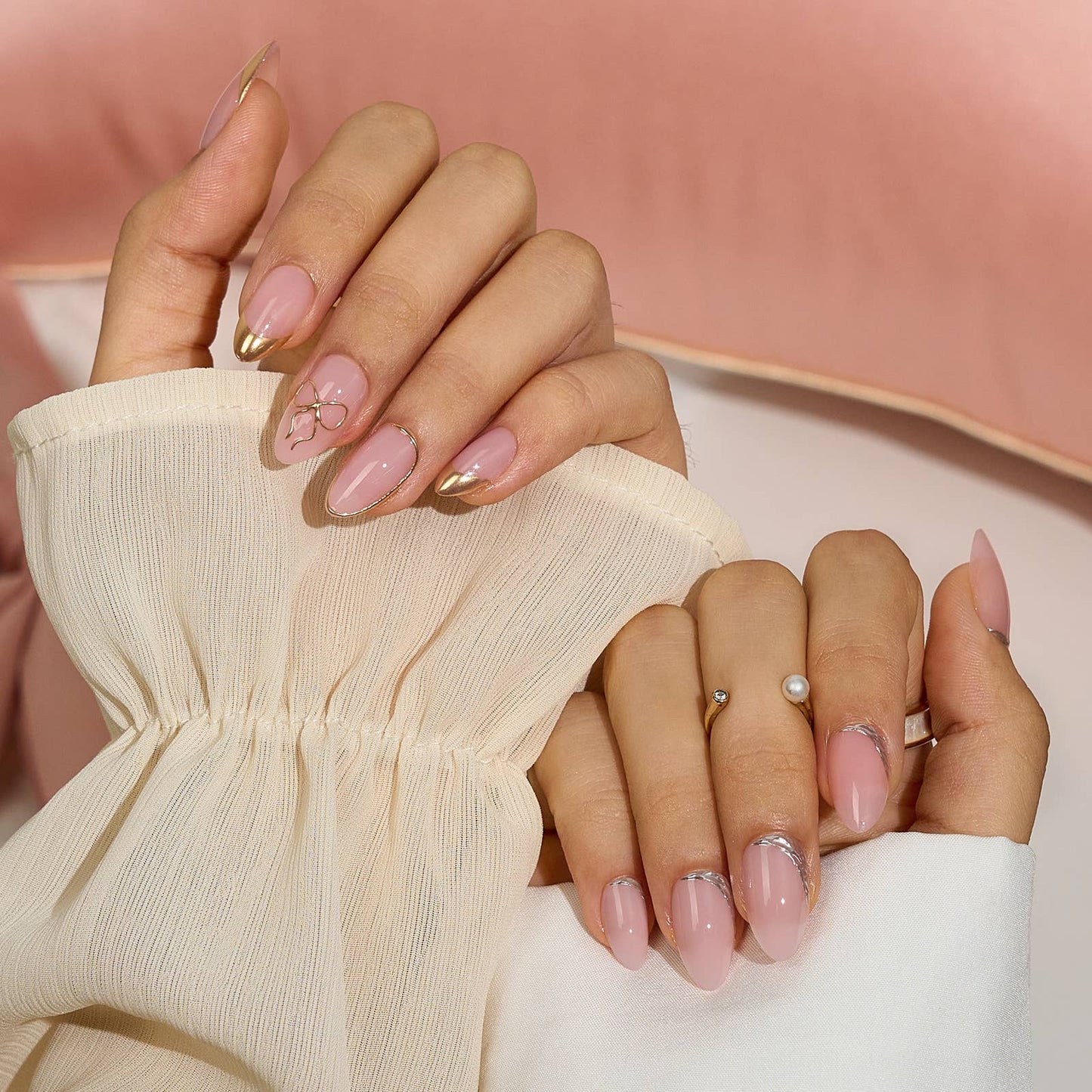 Pink Cat Eye Glossy Almond Nails - Bloom Together