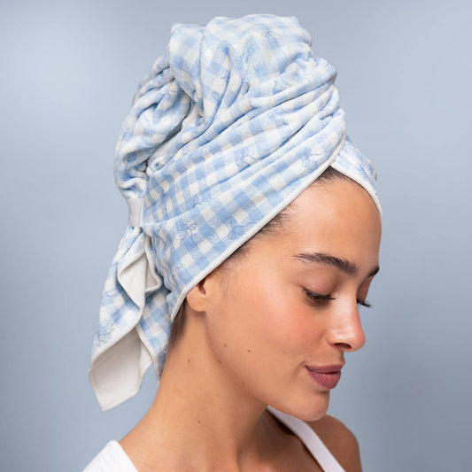 XL Hair Towel Wrap - Gingham Blue