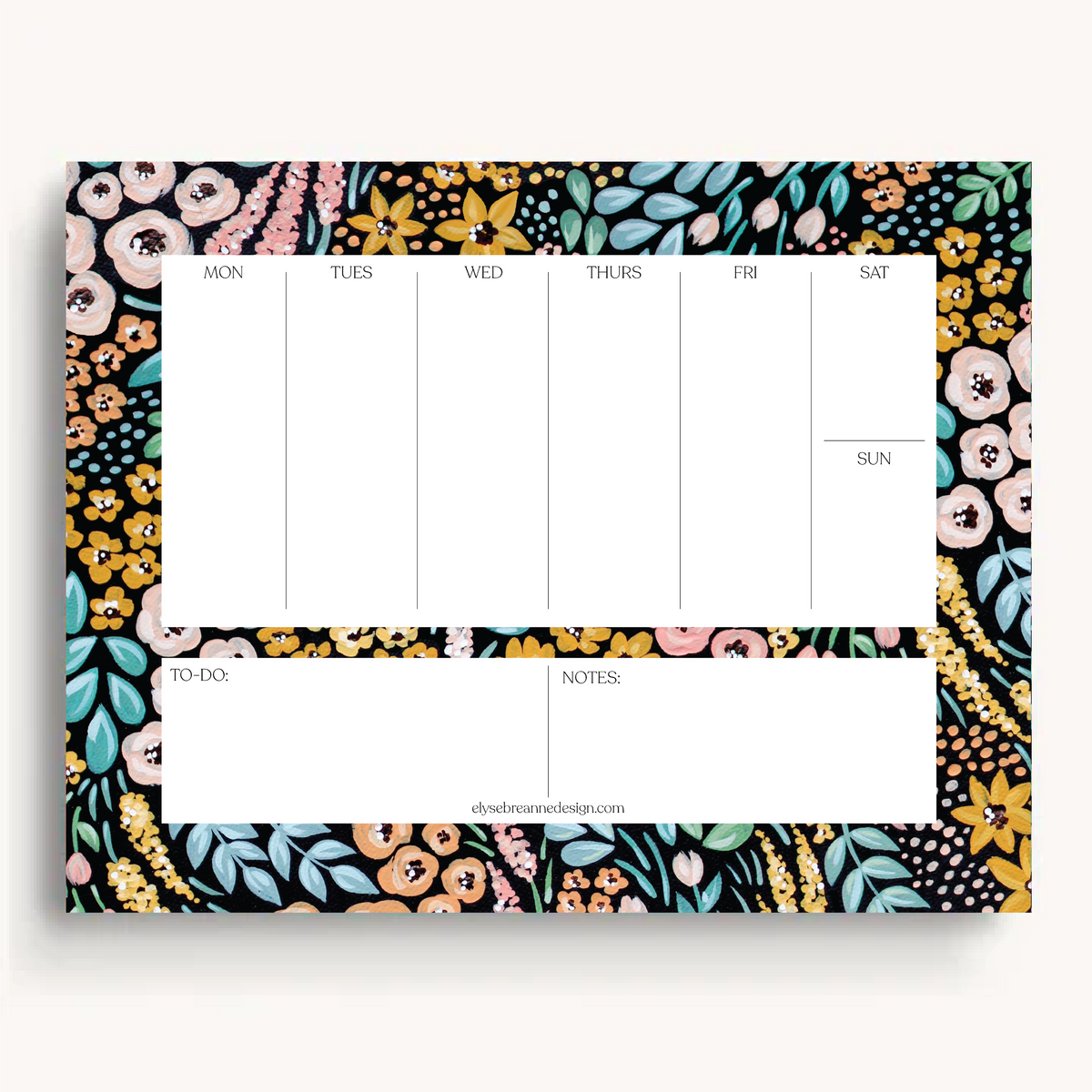 Floral Weekly Planner Notepad: Black Floral