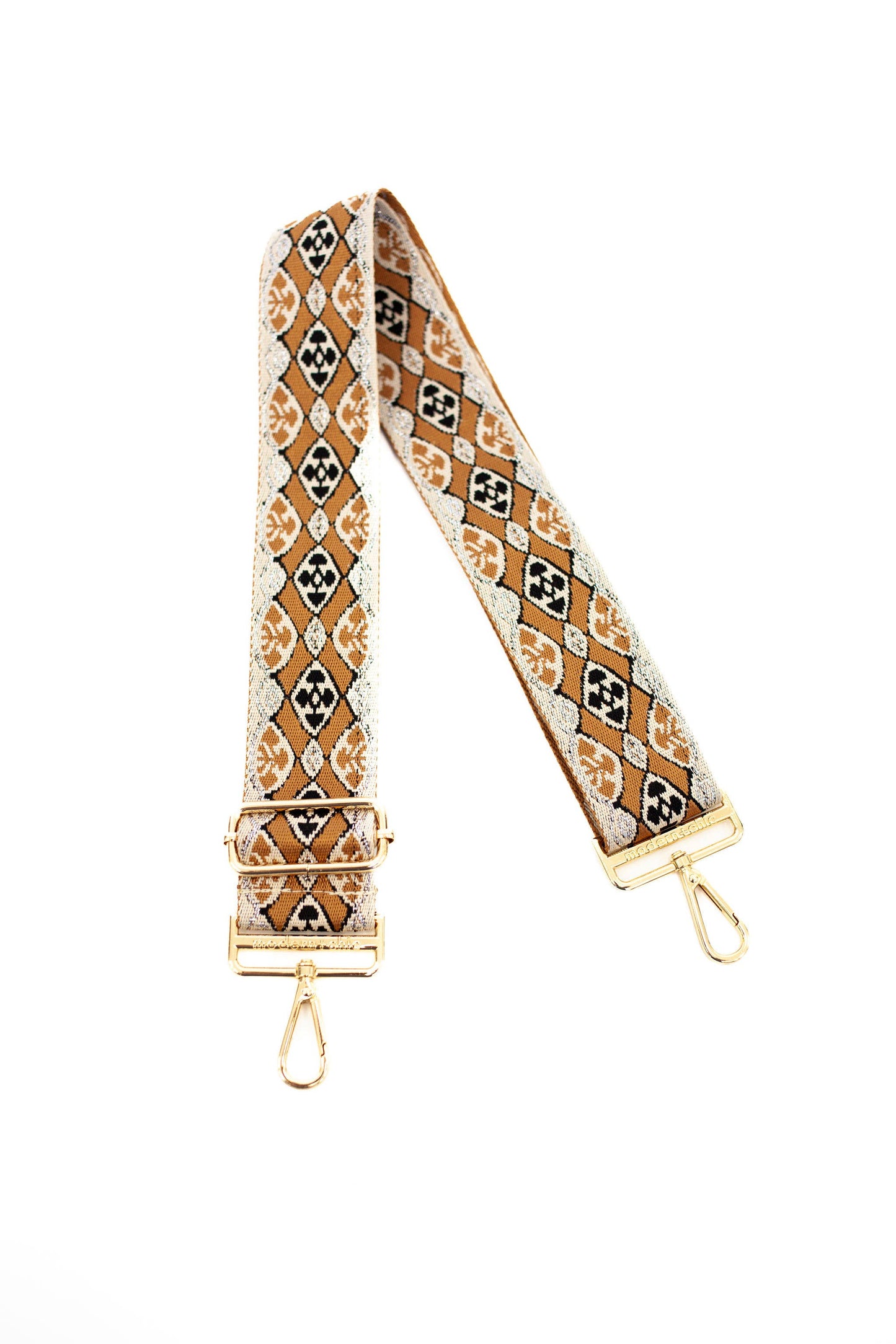 Eleanor Woven Adjustable Guitar Bag Strap: Beige + silver shimmer + caramel + black