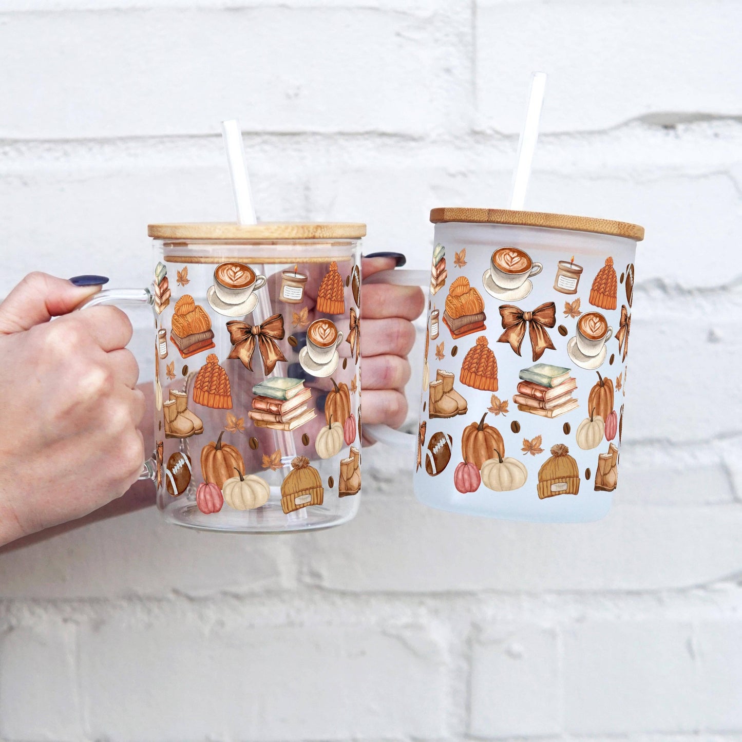Cozy Fall Things 17oz Glass Mug With Lid and Straw: Clear With Lid and Straw