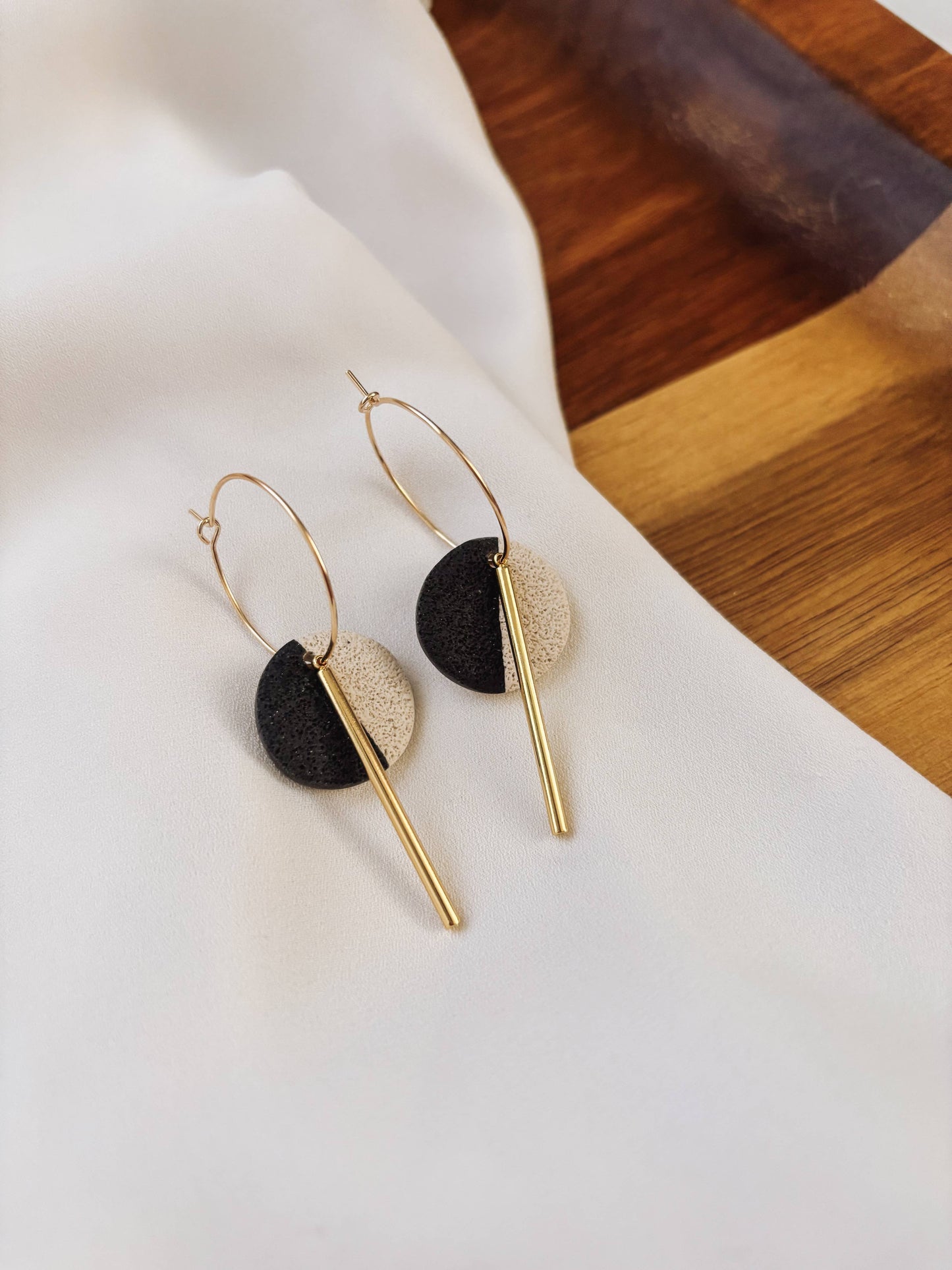 Gold Hoop Earrings with Beige & Black Clay Circle