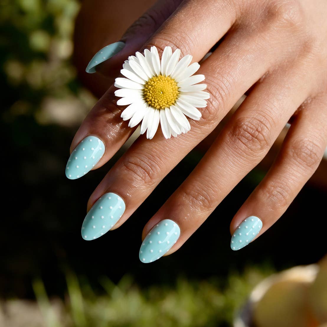 3D Flower French Press On Nails- Spring Easter Almond Nails: Dotted Overalls