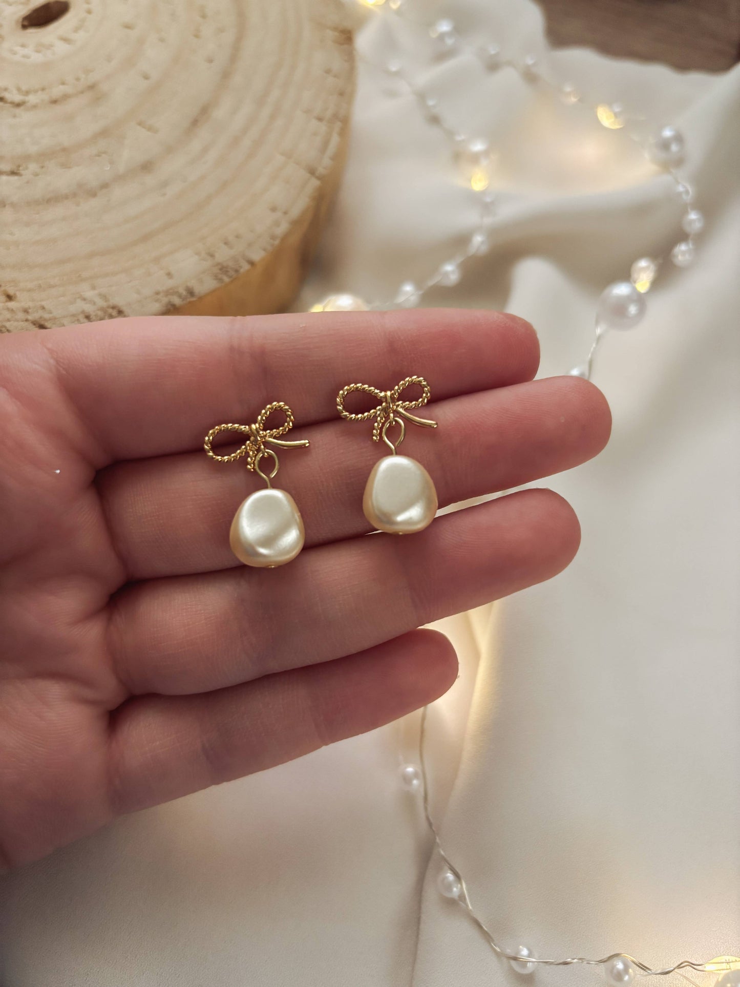 Gold Bow and Pearl Earrings