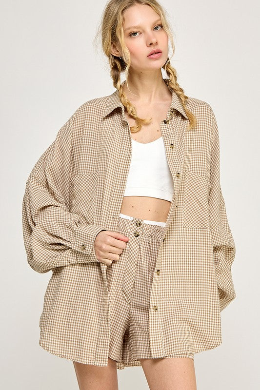 Brown Gingham Button Down Top