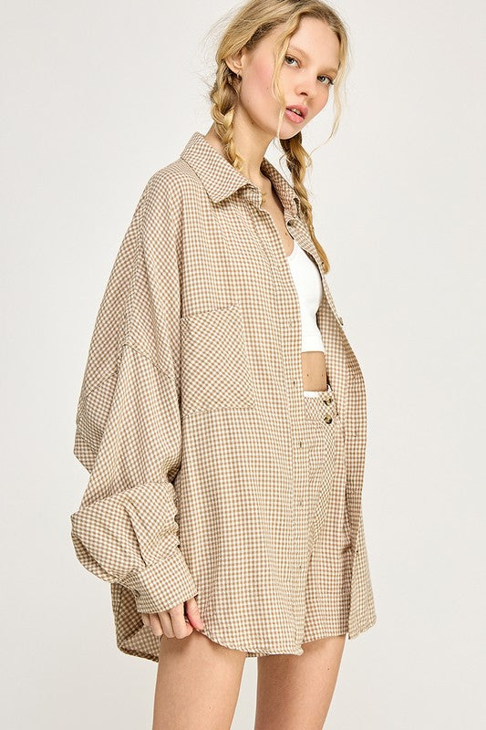 Brown Gingham Button Down Top