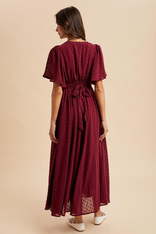 Burgundy Swiss Dot Flutter Sleeve Maxi Dress