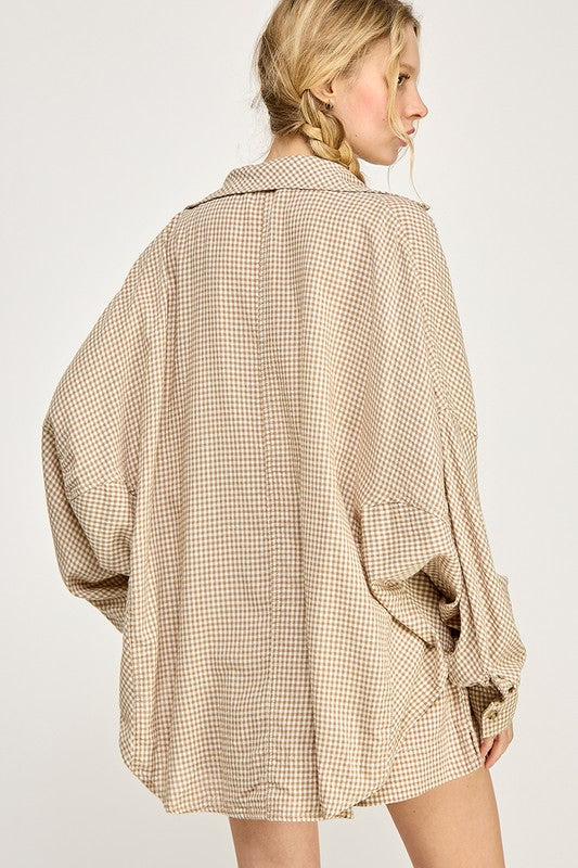 Brown Gingham Button Down Top