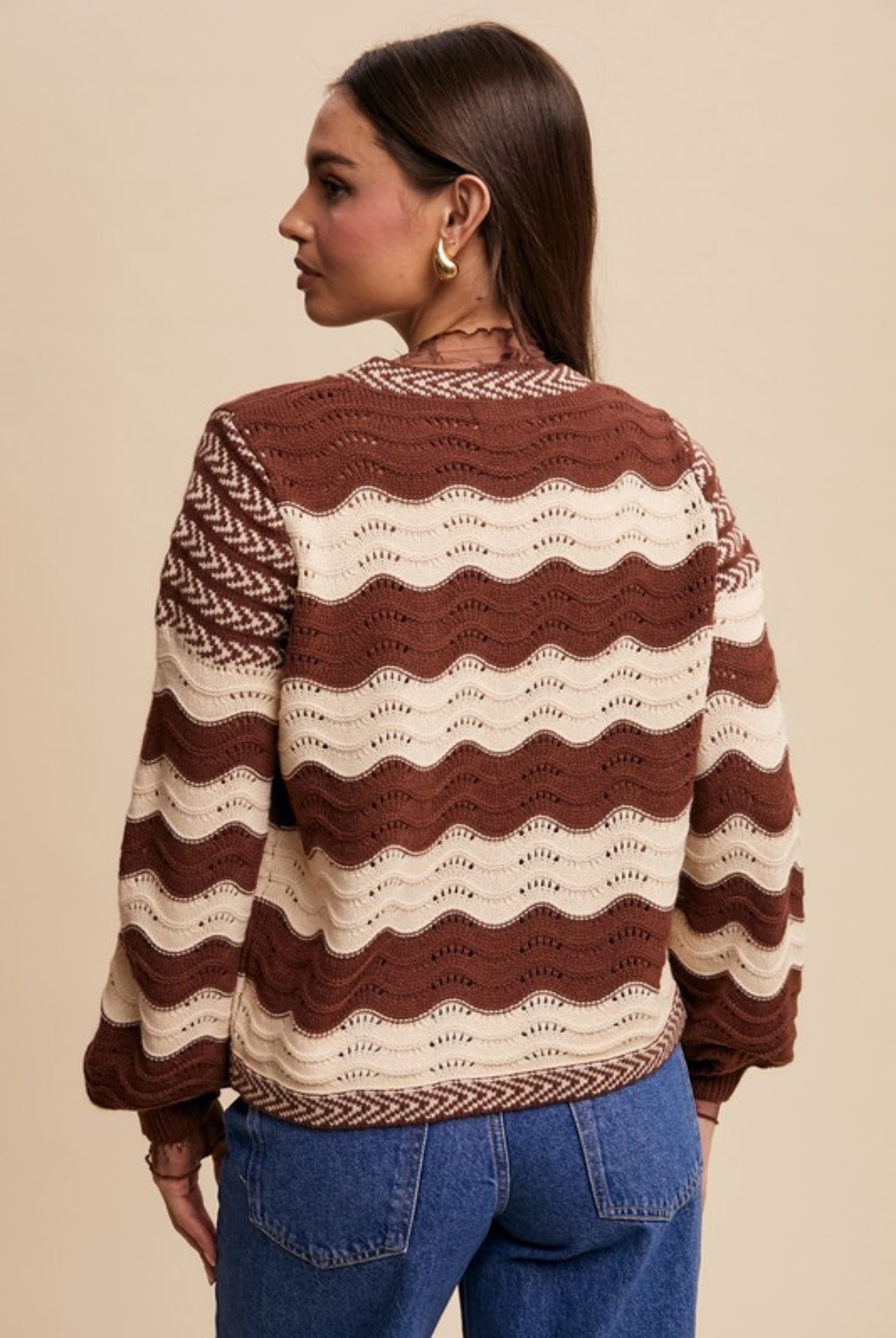 Wavy Stripes Bow Tie Cardigan-Mocha