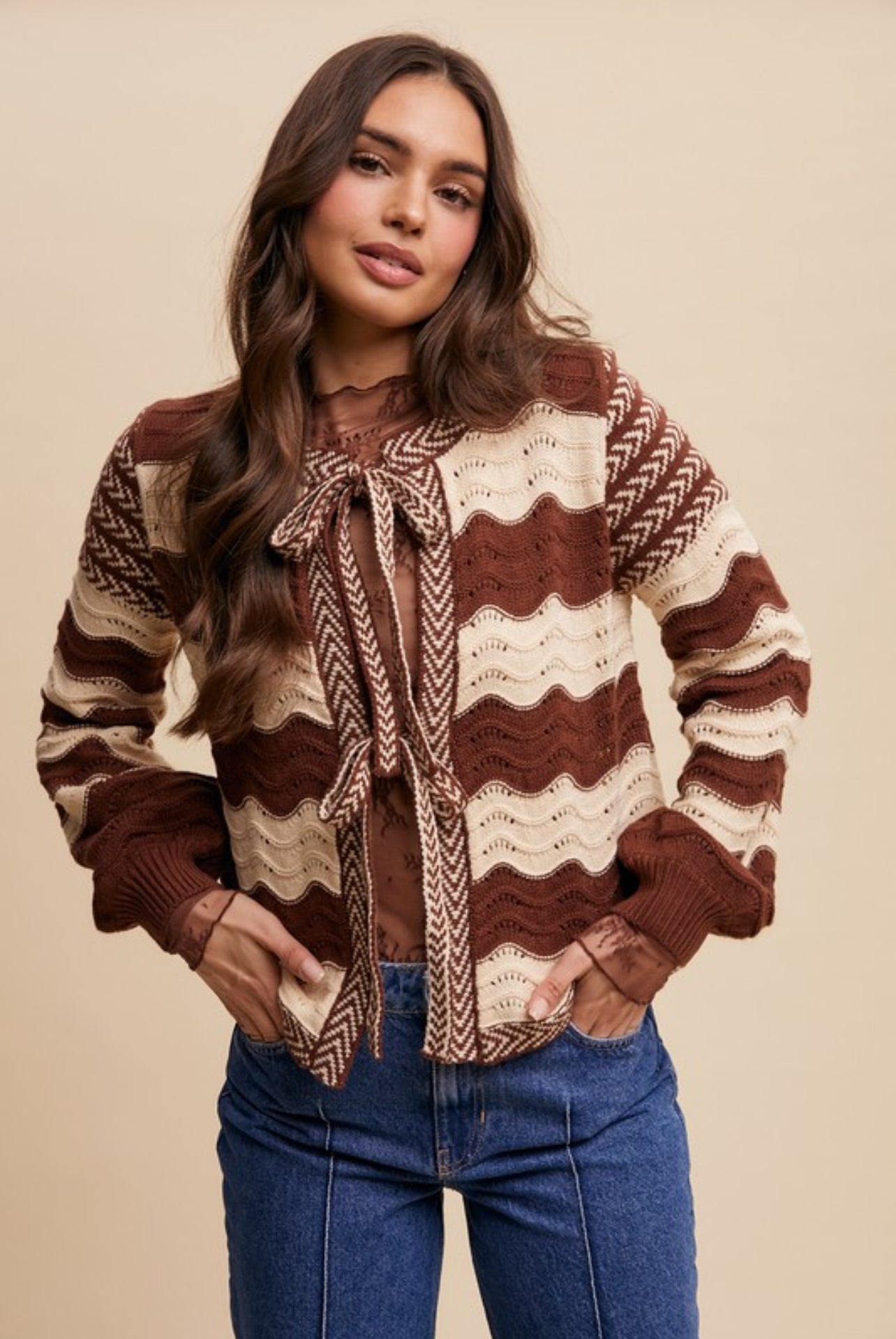 Wavy Stripes Bow Tie Cardigan-Mocha