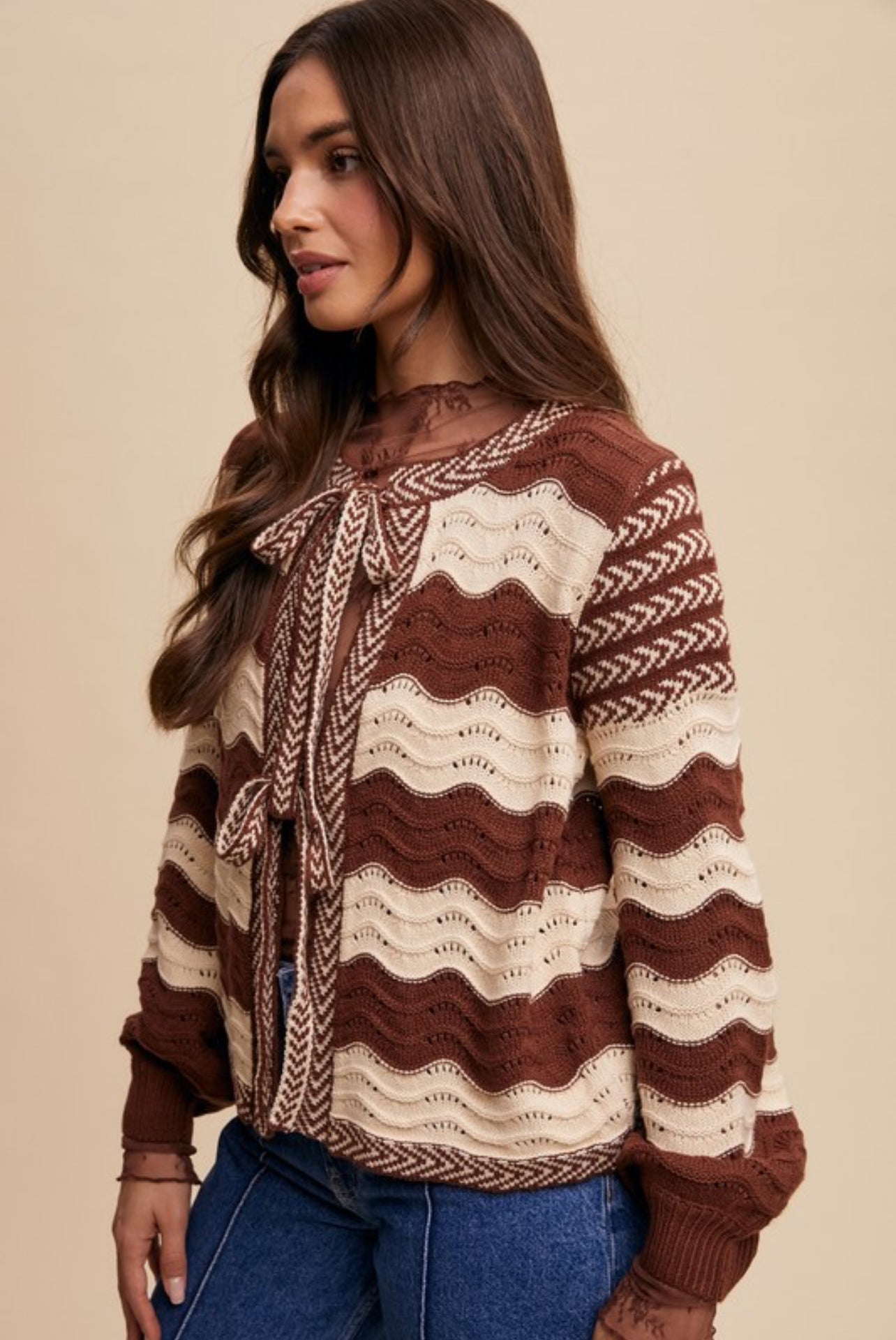 Wavy Stripes Bow Tie Cardigan-Mocha
