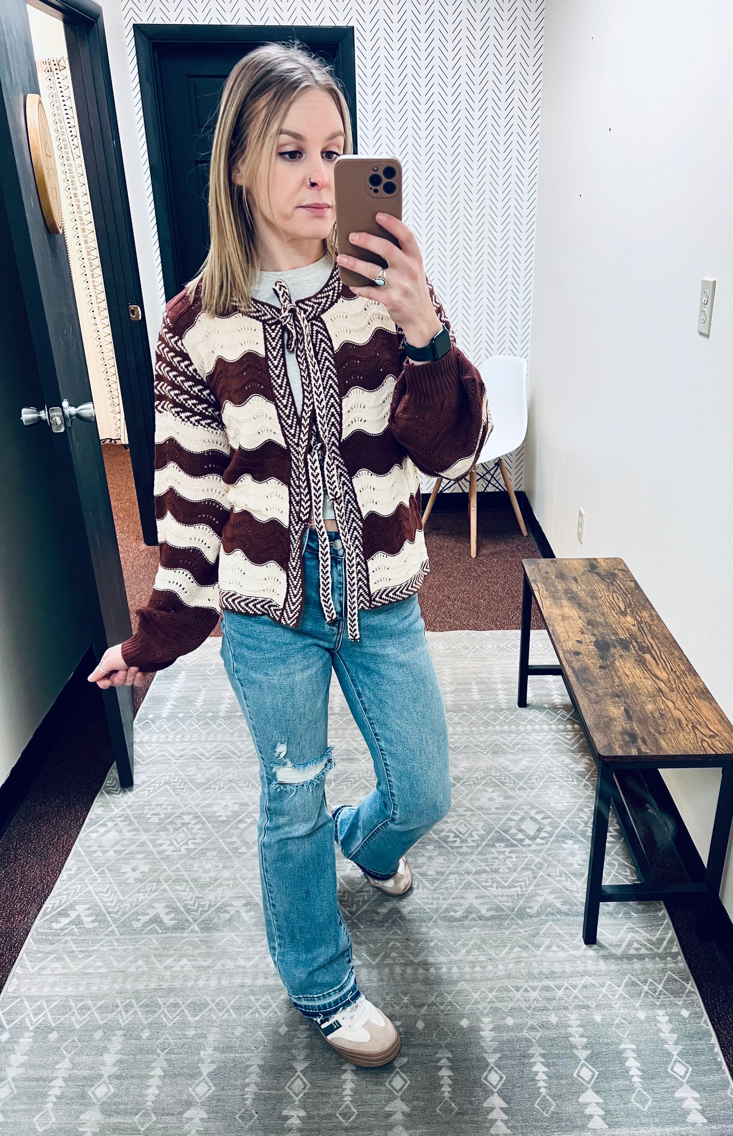 Wavy Stripes Bow Tie Cardigan-Mocha