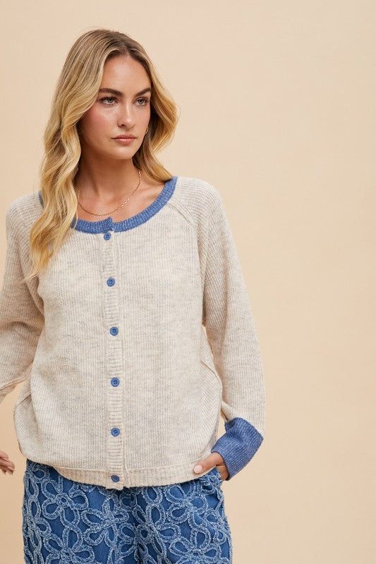 Oatmeal & Blue Button Up Cardigan