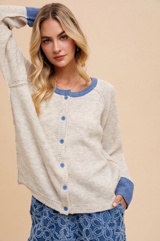 Oatmeal & Blue Button Up Cardigan