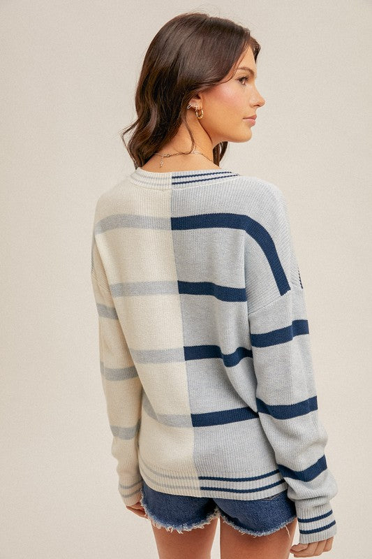 White & Blue Color Block Sweater