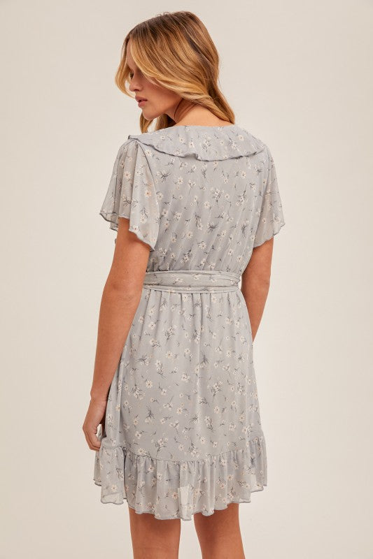 Blue Ruffle Wrap Floral Dress