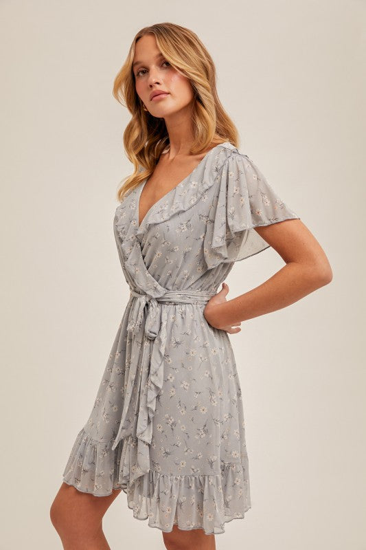 Blue Ruffle Wrap Floral Dress