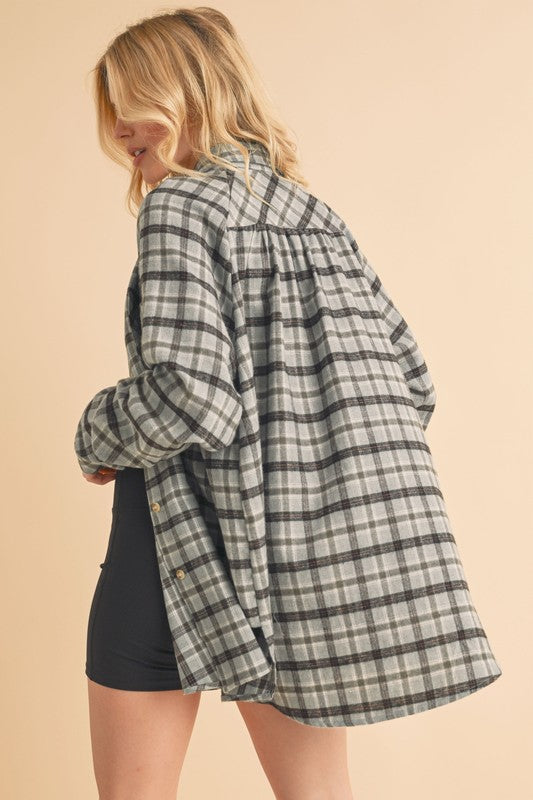 Sky Blue Plaid Oversized Flannel Shirt