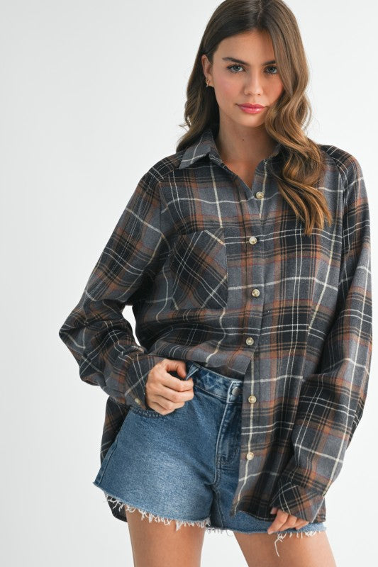 Grey Plaid Oversized Flannel Shirt