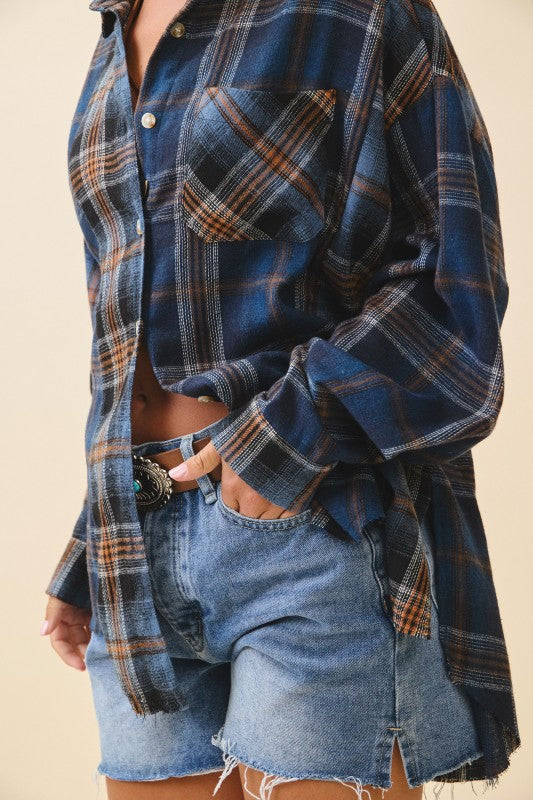 Navy Plaid Oversized Flannel Shirt