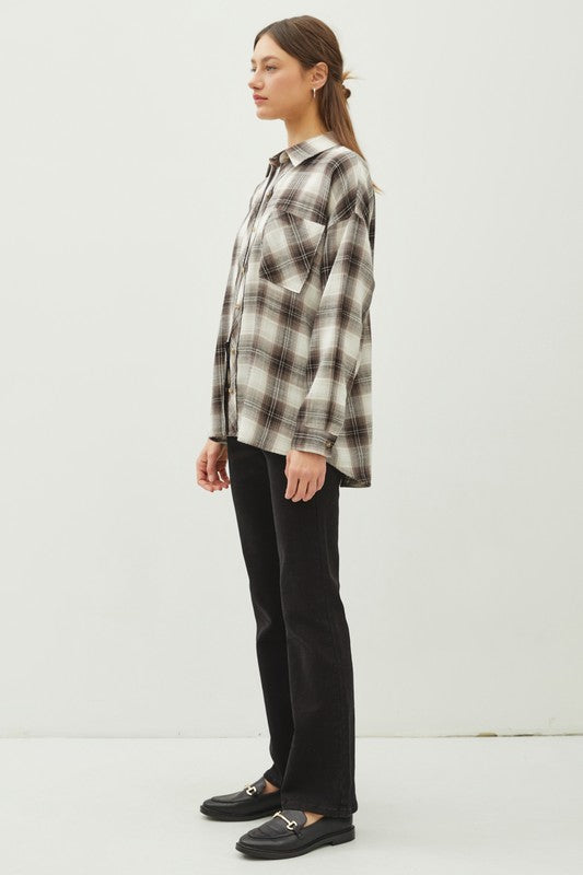 Charcoal Grey Plaid Flannel Button Down