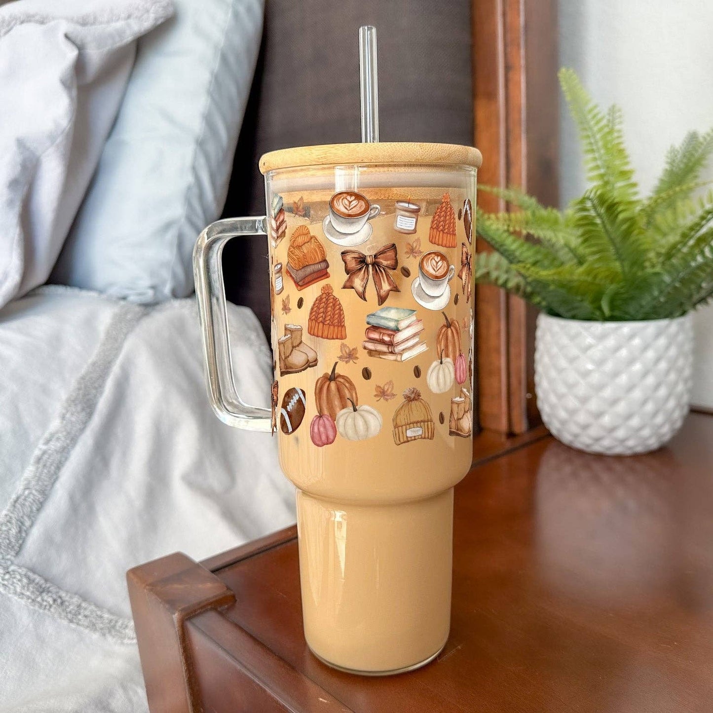 Cozy Fall Things 40oz Tumbler With Lid and Straw: 40oz Glass Tumbler with Bamboo Lid