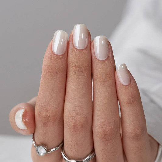White Glazed Press On Nails - Short Square Chrome Gel Nails