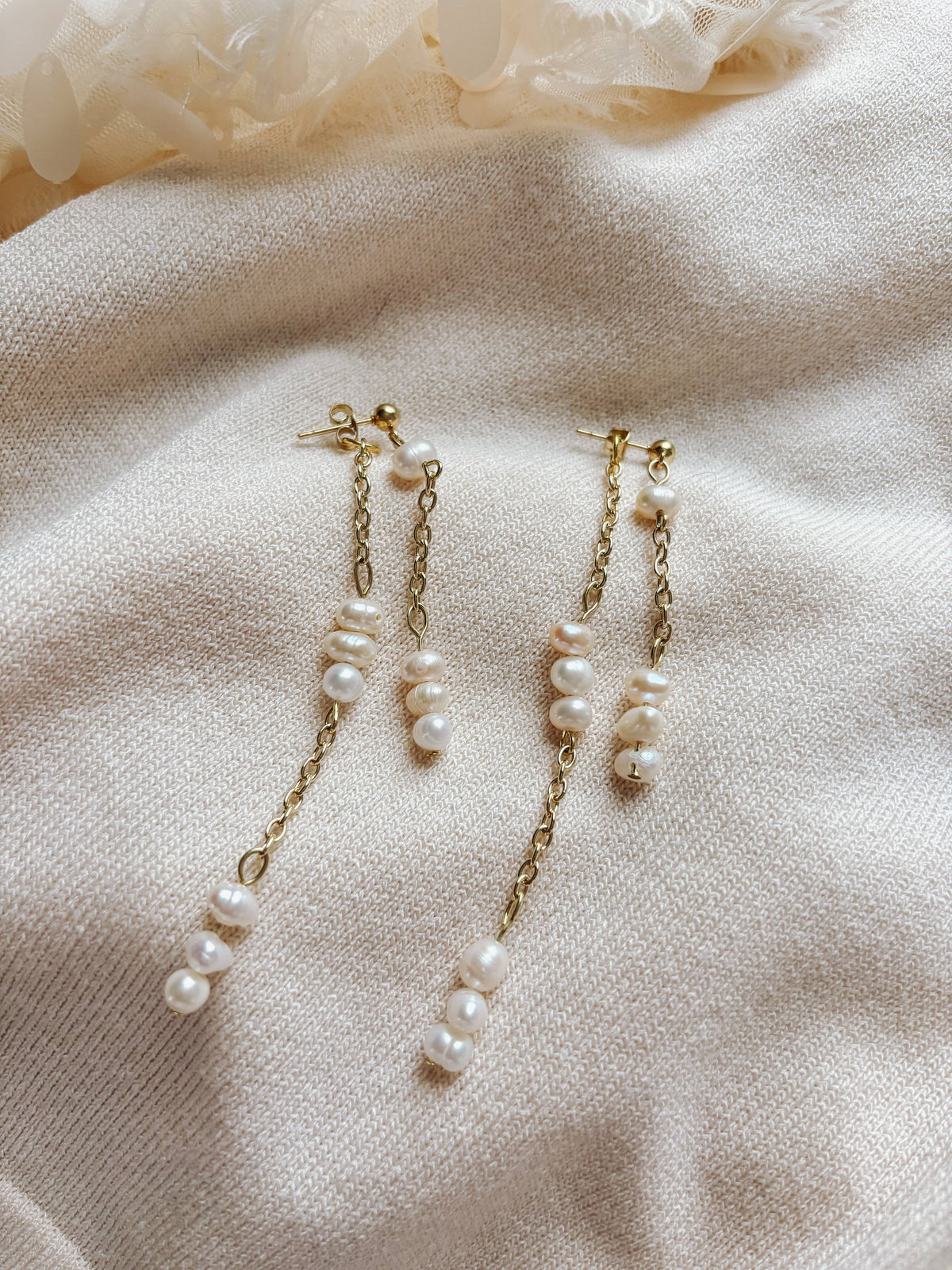 Freshwater Pearl Double Layer Chain Earrings