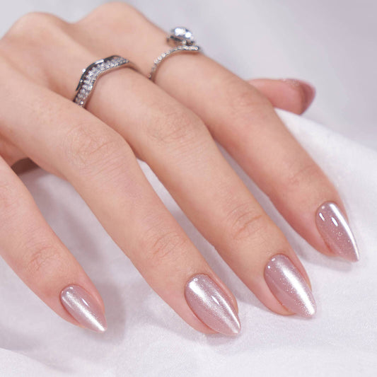 Pink Cat Eye Fake Nail- Reusable Short Almond Press On Nails