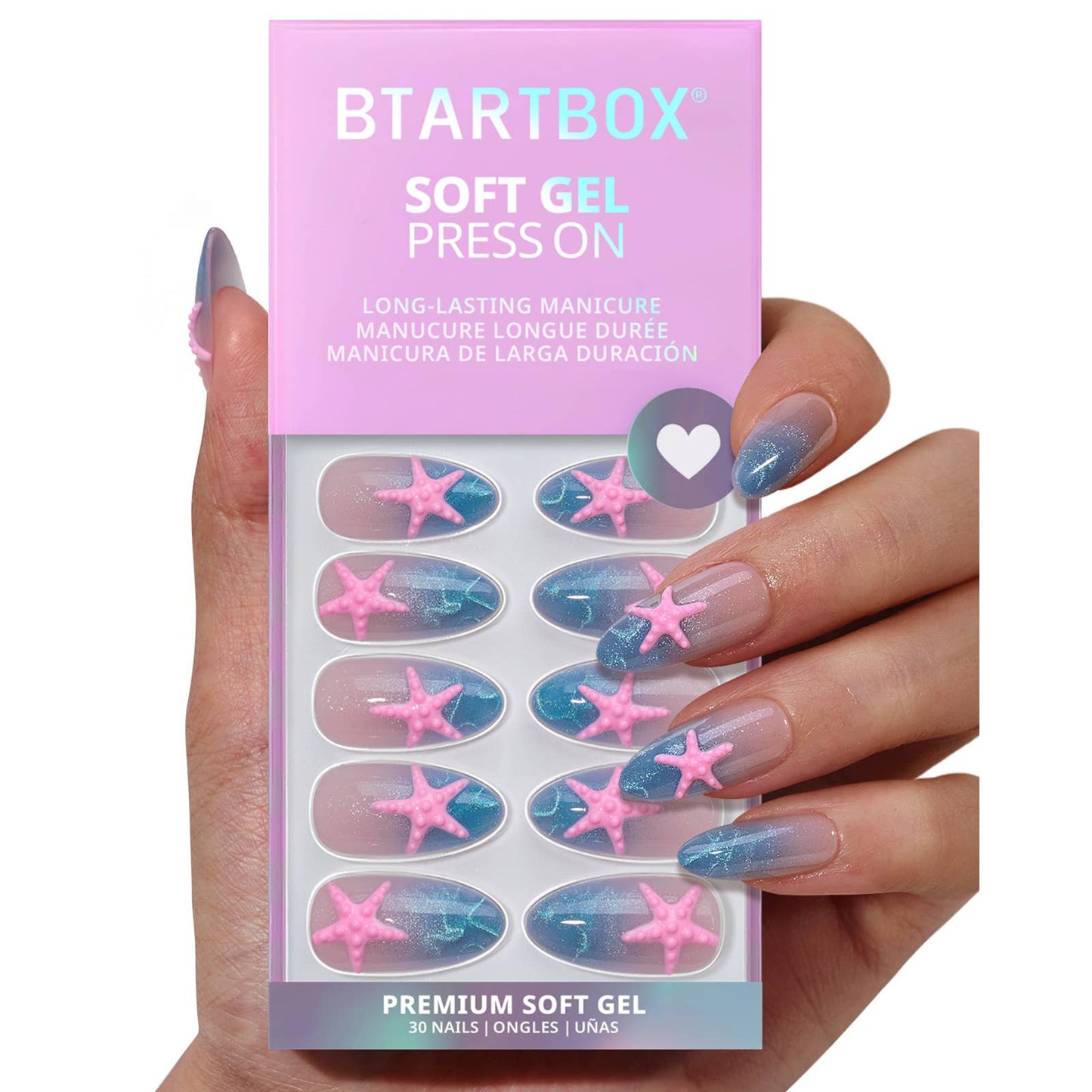 Summer Beach Blue Fake Nails-3D Starfish Shell French Design: Star Shore