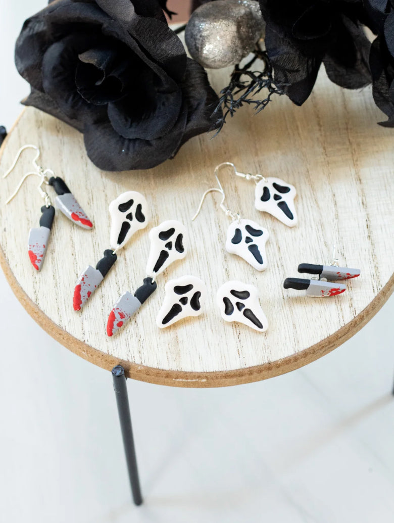 Spooky Stud Earrings – Ghost Face & Bloody Knife