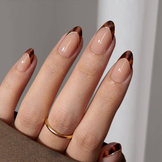 French Tip Press On Nails Bulk - Almond Brown Tortoise Shell