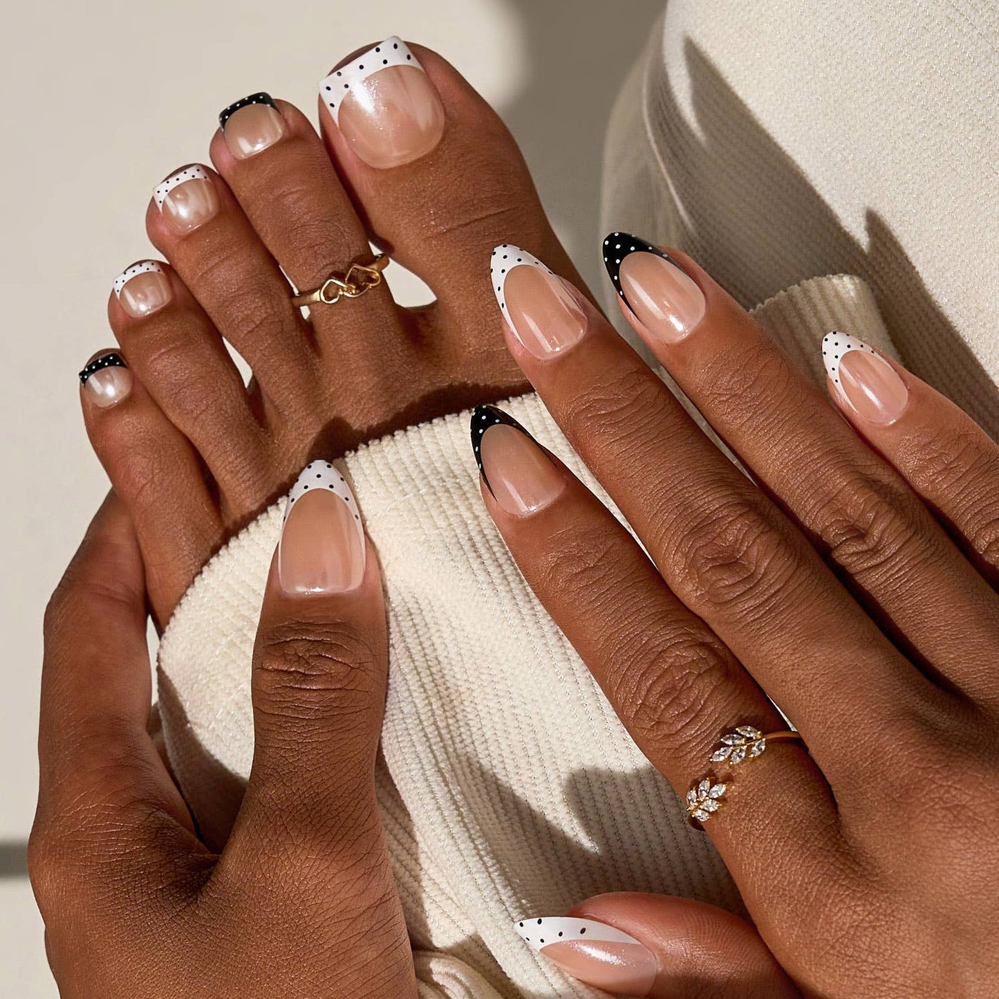 Polka Dot Chrome Press On Nails -  French Tip Almond Nails