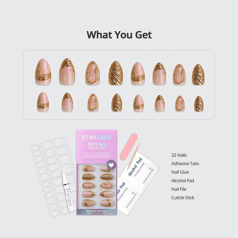 3D Gold Sculpting False Nails - Almond Gel Press On Nails: Metalhead