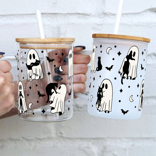 Ghosts Holding Cats 17oz Glass Can Cup With Lid and Straw (Clear Glass)