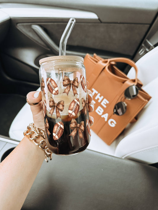 Football + Bows 16oz Glass Can With Lid and Straw: Clear With Lid and Straw