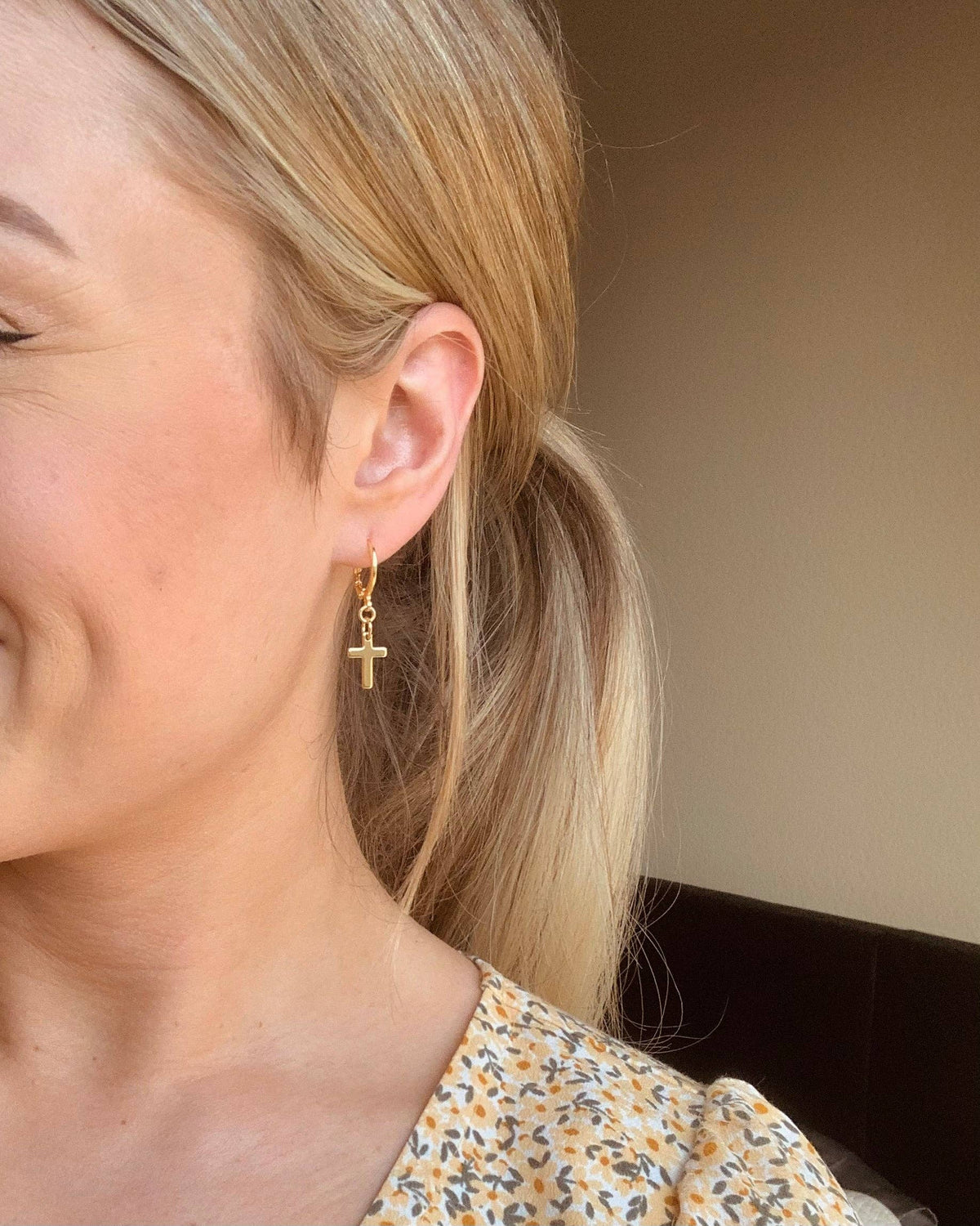 CROSS HUGGIE HOOPS | 14k yellow gold | cross charm earrings