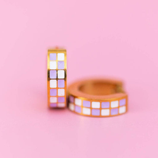 Lavender Checkered Chunky Huggie Hoops