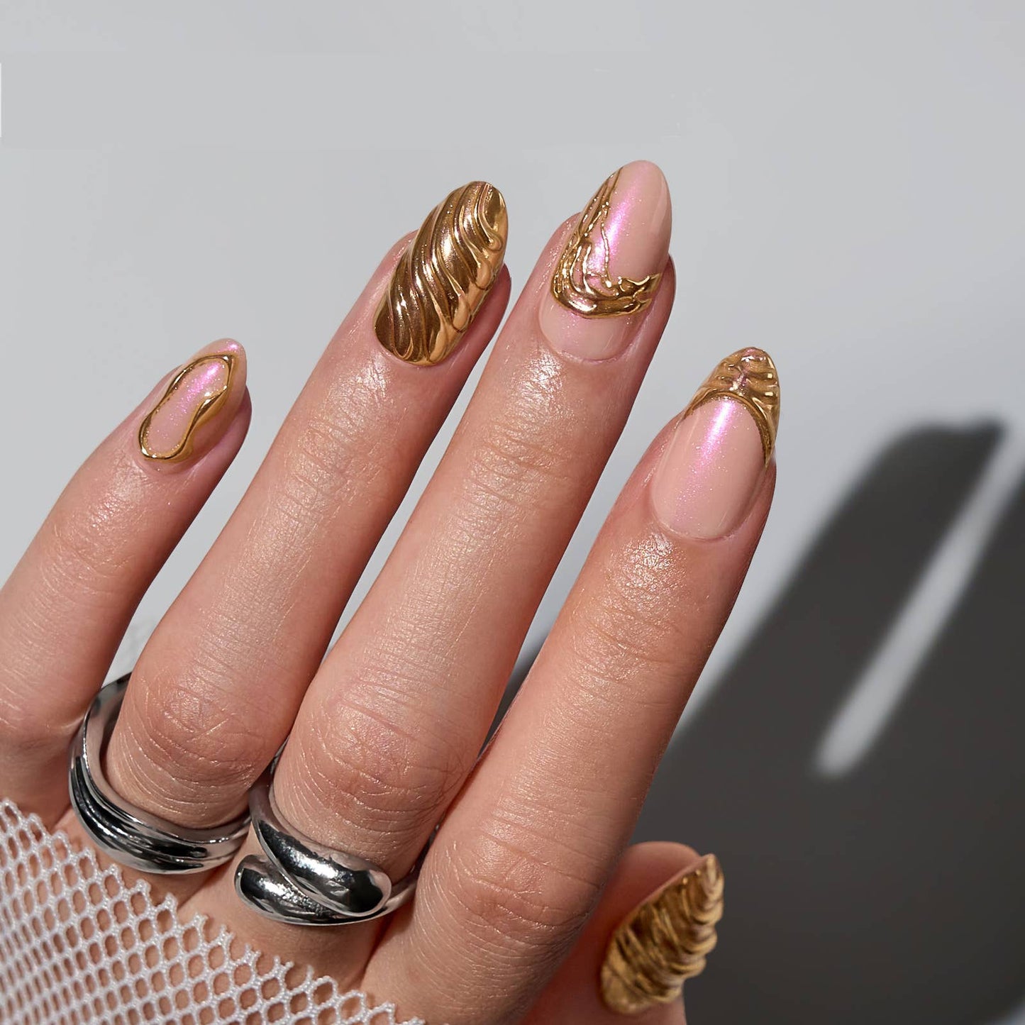 3D Gold Sculpting False Nails - Almond Gel Press On Nails: Metalhead
