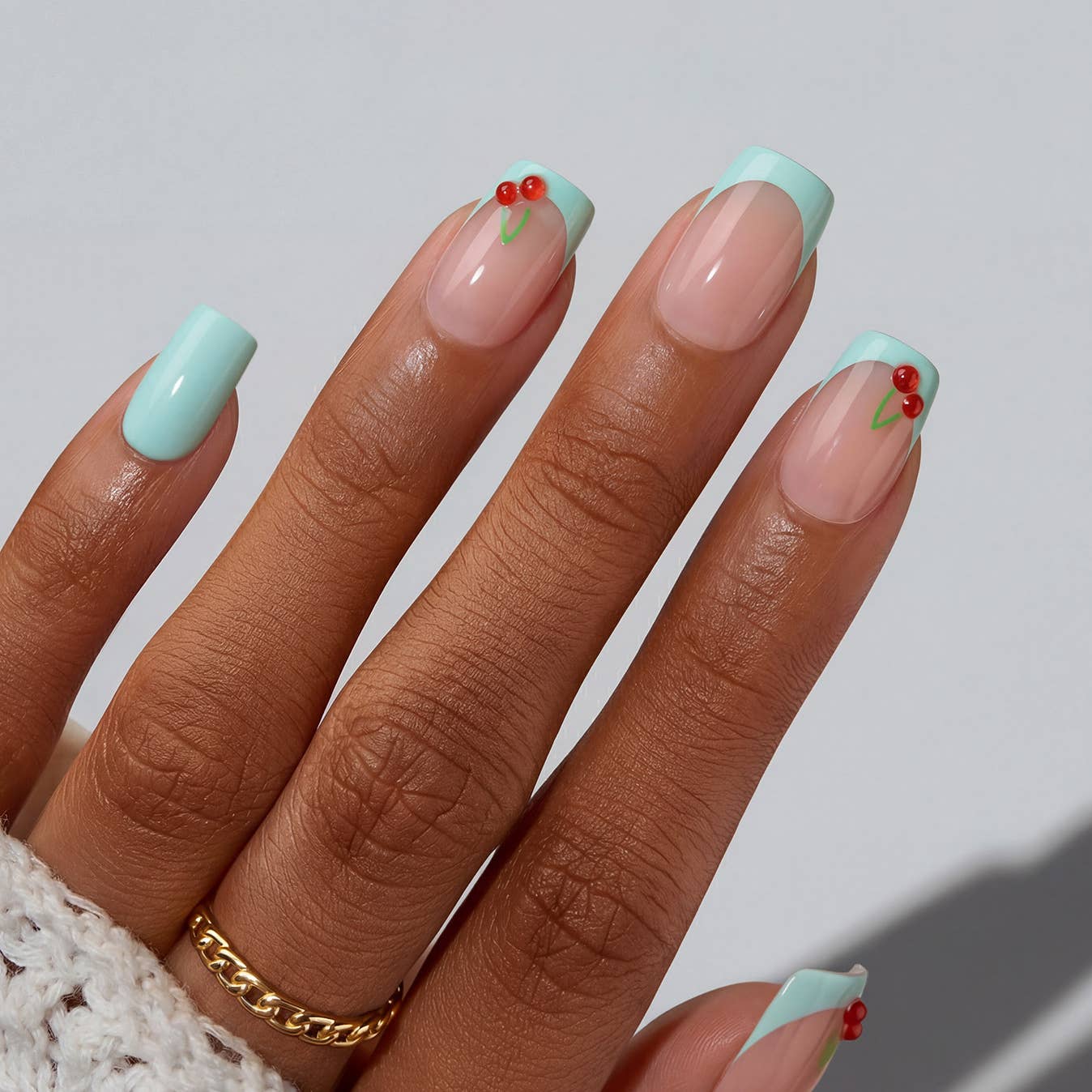 Mint Green Press On Nails with Glue -Short Square Fake Nails: Berry Pail