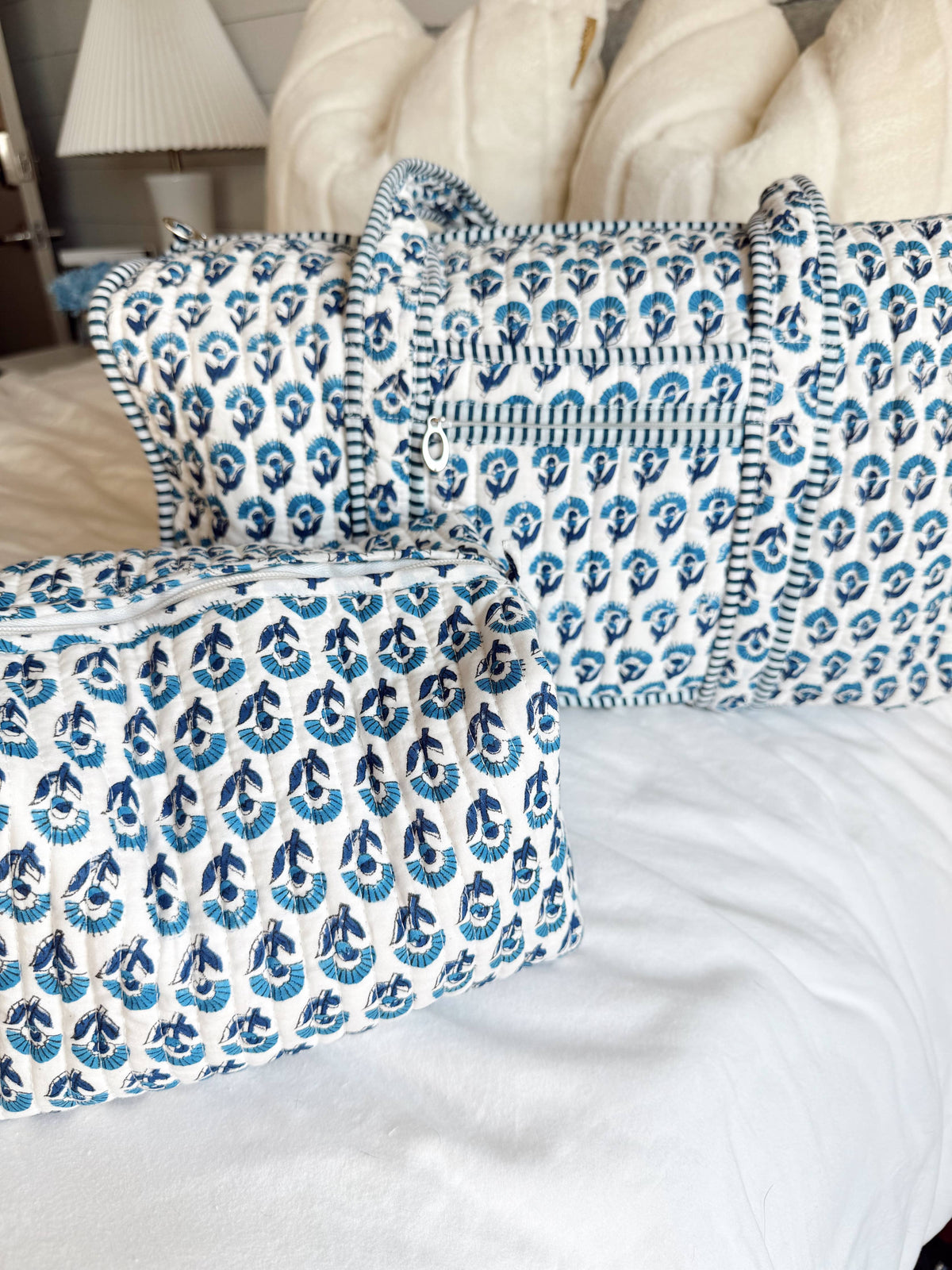 Quilted Block-Print Makeup Bag: Ocean Petals