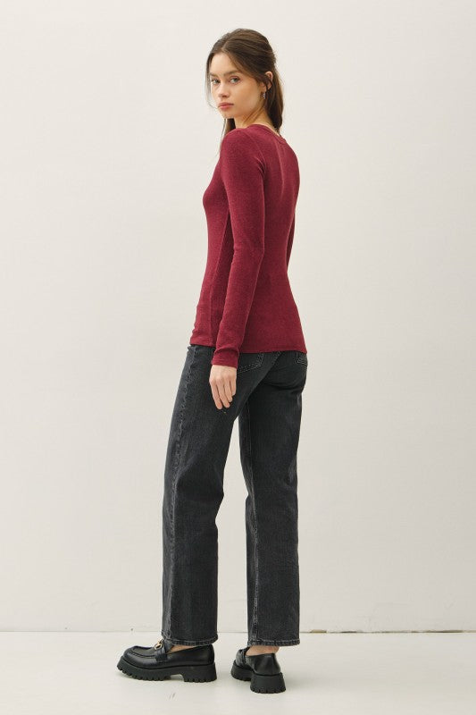 Ultra Soft Ribbed Scoop Neck Long Sleeve – Burgundy