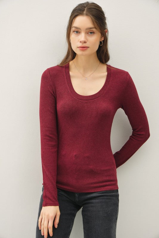 Ultra Soft Ribbed Scoop Neck Long Sleeve – Burgundy