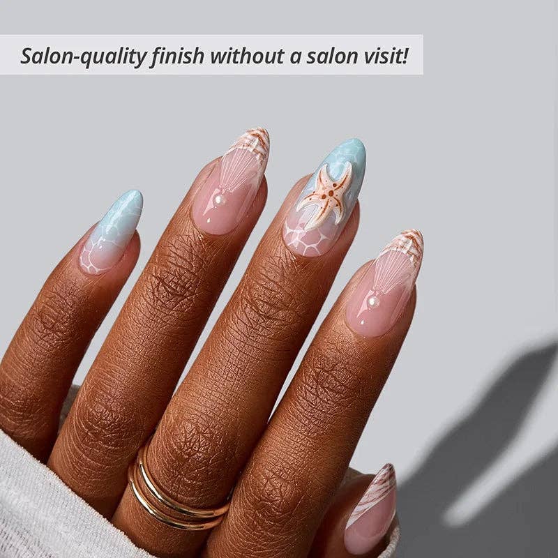 Summer Beach Blue Fake Nails-3D Starfish: Tide Play Pedi