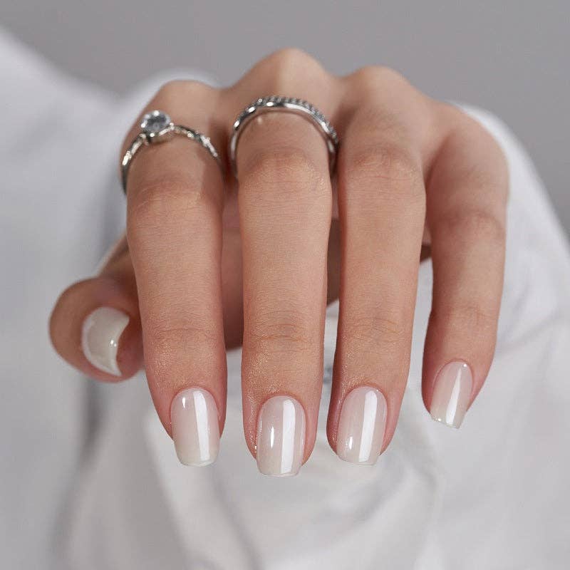 White Glazed Press On Nails - Short Square Chrome Gel Nails
