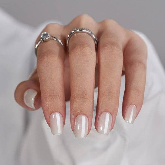 White Glazed Press On Nails - Short Square Chrome Gel Nails
