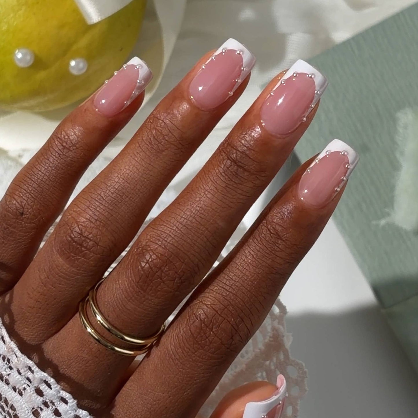 Short Square French Tip Nails - Wedding Press On Nails