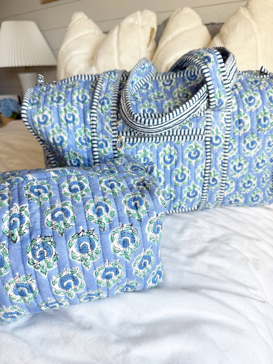 Quilted Block-Print Makeup Bag: Indigo Meadow