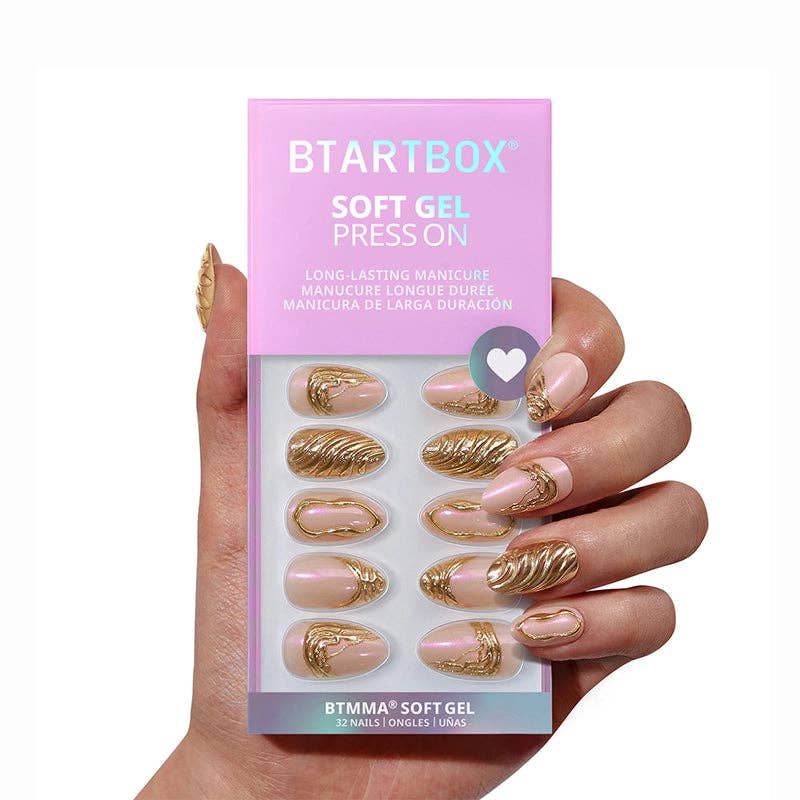3D Gold Sculpting False Nails - Almond Gel Press On Nails: Metalhead