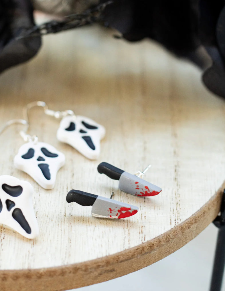 Spooky Stud Earrings – Ghost Face & Bloody Knife